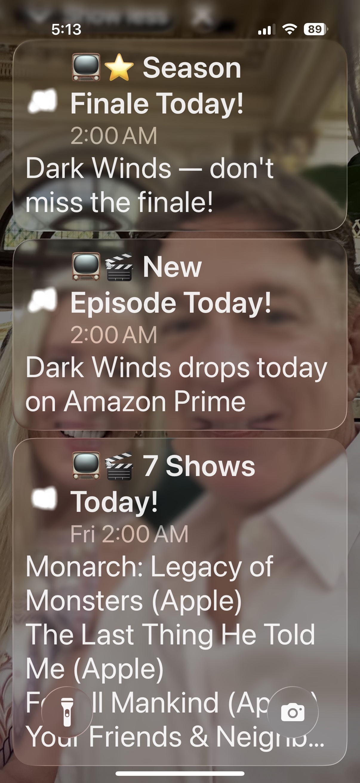 StreamTracker morning notifications — season finale, new episode, and today's 7 shows — on an iPhone lock screen